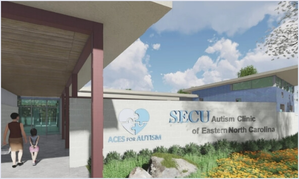 Image of building rendering of the SECU Autism Clinic of Eastern North Carolina